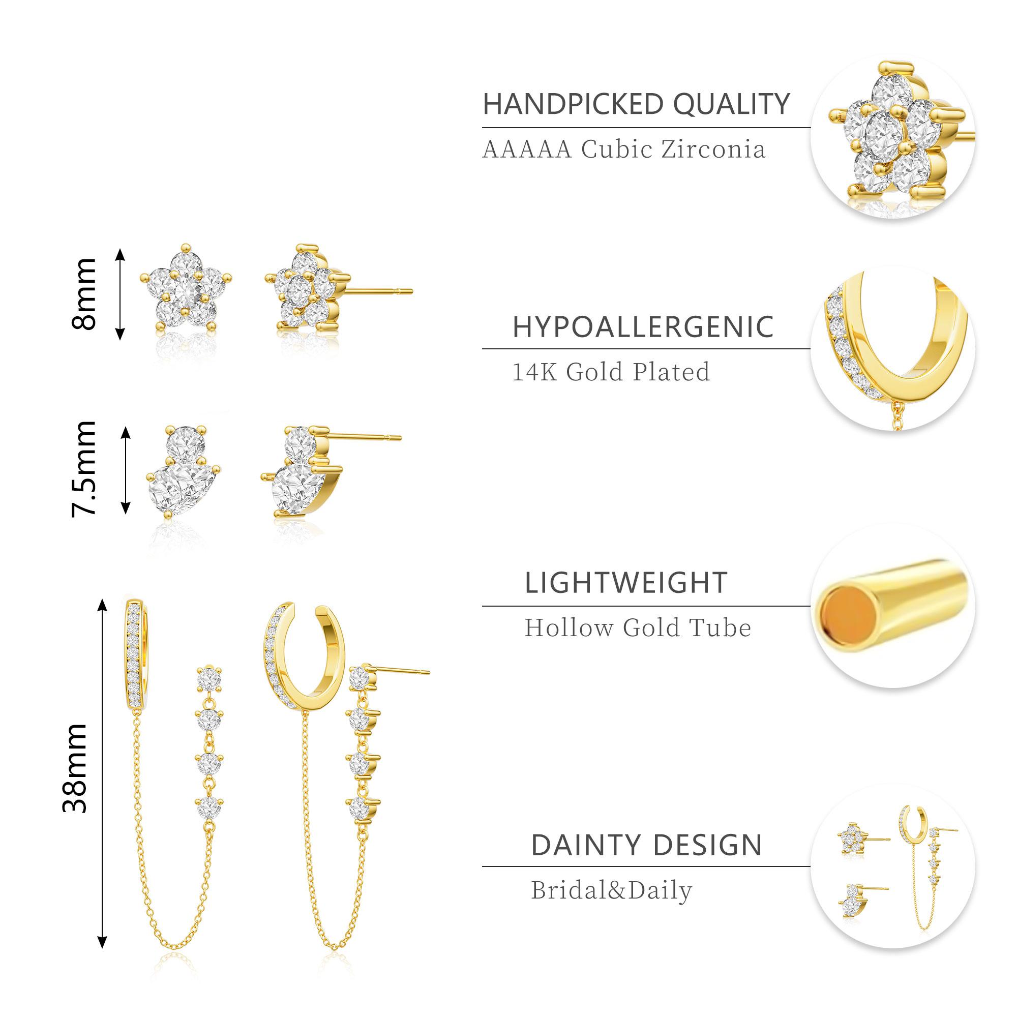 Tewiky 14K Gold Plated Four Pairs of Earrings Cubic Zirconia Flower Studs Asymmetrical Spaced Hoop Ear Cuff Gift for Valentine's Day