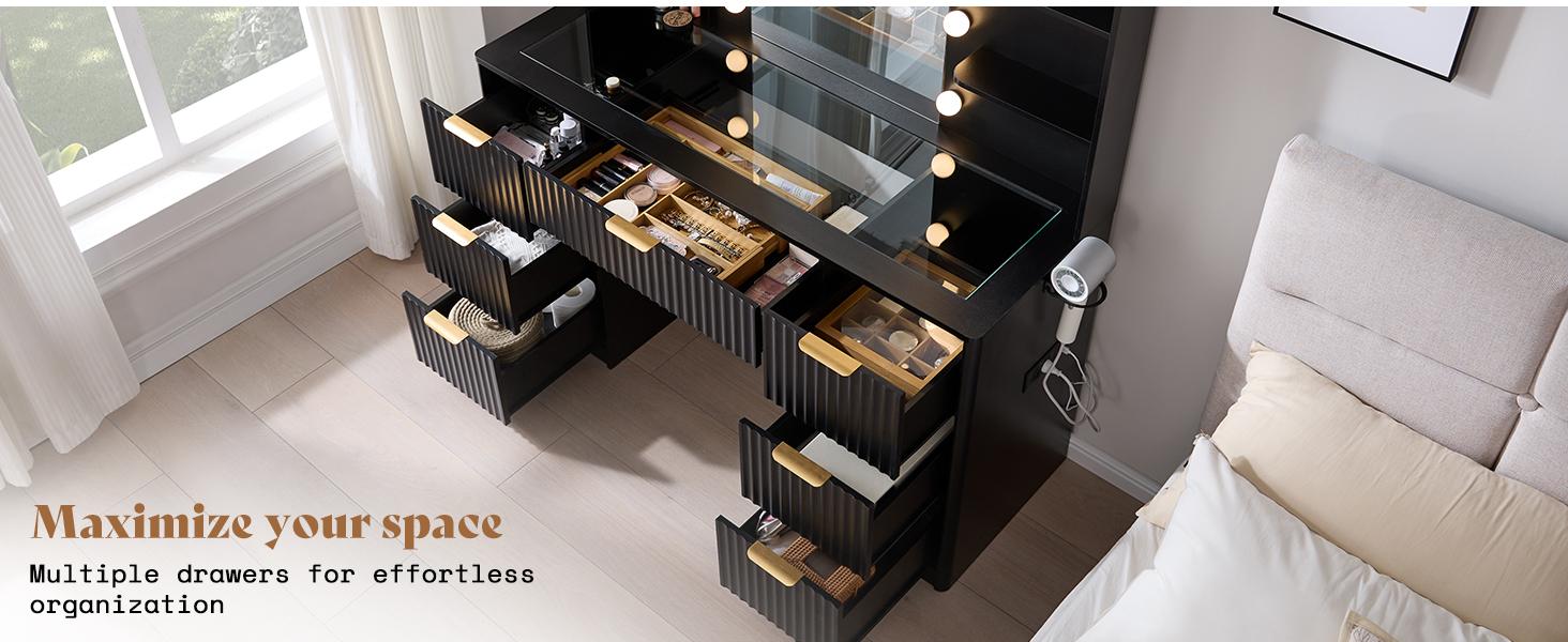 VanAcc 36.2/47.2" Fluted Vanity Desk with Mirror and Adjustable LED Lights, Large 4/7 Drawers Makeup Table with Glass Top and Charging Station for Women and Girls, Bedroom or Dorm