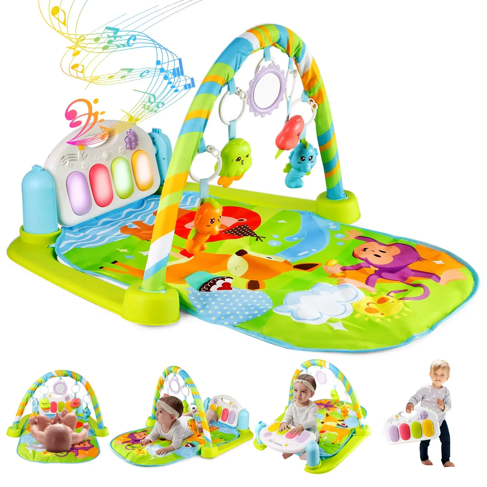Baby Activity Play Mat, Kick and Play Piano Gym with Music and Lights, Tummy Time Mat with Hanging Rattle Toys, Multi-Stage Floor Activity Center for Newborn Infants 0-12 Months, Baby Essentials Gift