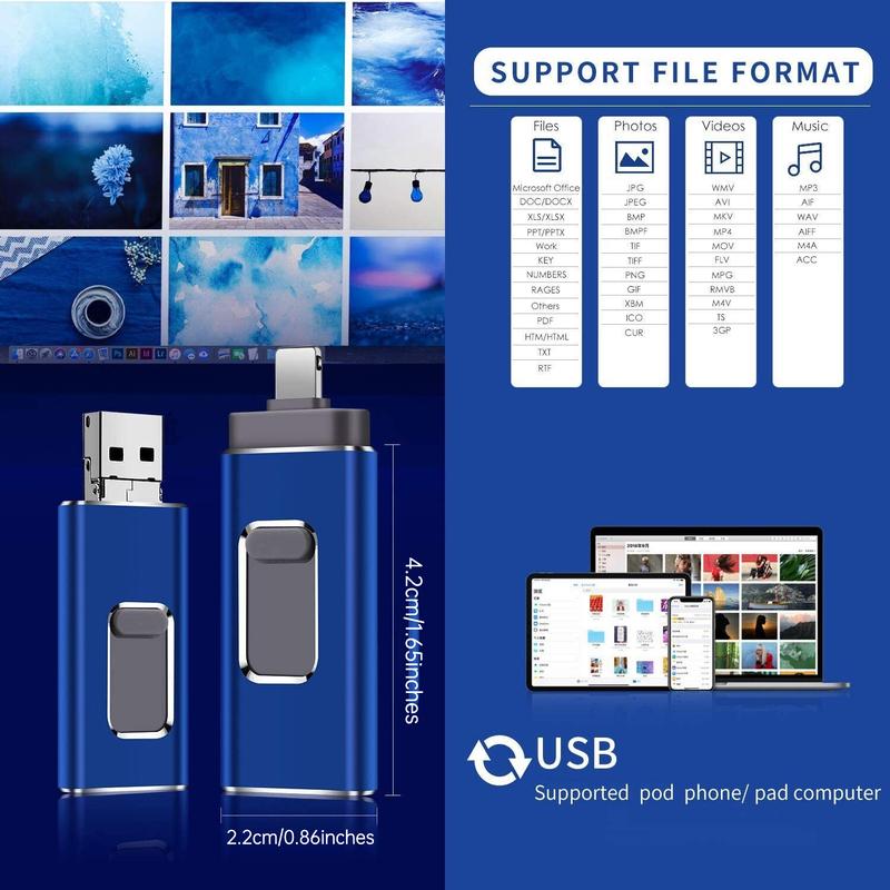 Portable 4-in-1 USB 3.0 Flash Drive for iPhone & Type-C & Android & PC, Easy Backup & File Transfer, iPhone Photo Stick Memoria Portátil Pendrive Memory Stick 64GB 128GB 256GB 512GB 1TB External Storage