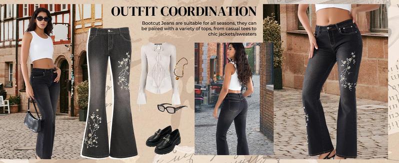 Emmiol Women’s Embroidered Bell Bottom Jeans – Stretchy Flared Mid-Rise Vintage Denim, 90s Y2K Retro Jeans with Floral Embroidery, Soft Stretch Fabric, and High-Comfort Fit