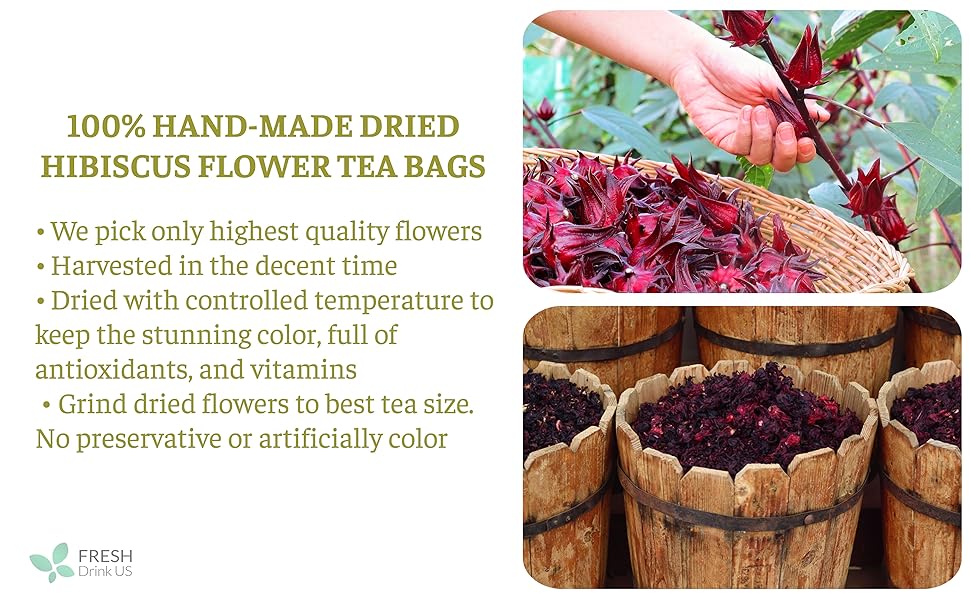 【FreshDrinkUS】 Hibiscus Tea, Premium Hibiscus Flowers Tea Bags, 100% Natural, Pure from Hibiscus Flowers. Loose Flower Hibiscus Herbal Tea. Hibiscus Flower Tea. No Sugar, No Caffeine, No Gluten, Vegan. hibiscus tea Beverage