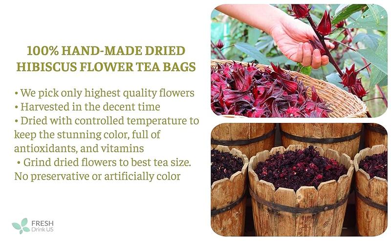 Hibiscus Tea, Premium Hibiscus Flowers Tea Bags, 100% Natural, Pure from Hibiscus Flowers. Loose Flower Hibiscus Herbal Tea. Hibiscus Flower Tea. No Sugar, No Caffeine, No Gluten, Vegan. hibiscus tea Beverage