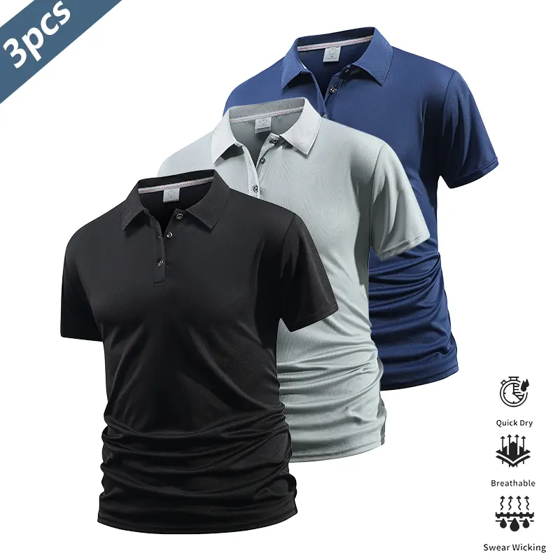 Men's 3-Pack Fitted Cut Polo Shirts, Solid Quick-Dry Short Sleeve Athletic Tops with Contrast Trim for Golf, Golf & Tennis, Three Pack