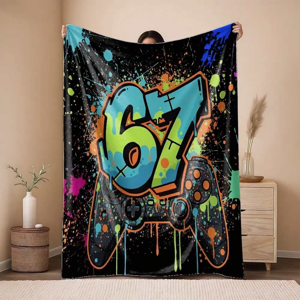 【Summer Sale Deals】2D Flat Printing 1pc  Brightly colored graffiti-style handle with numbers 67 Pattern Printed  Blanket Flannel Fleece All Season Light Weight Living Room/Bedroom Warm Blanket Flannel Throw Blanket