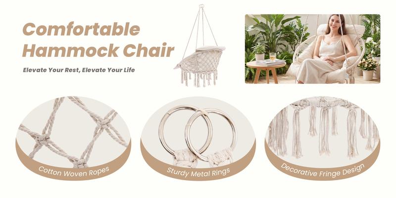 Macrame Single Hammock Hanging Chair with Oversized Padded Cushion, Indoor＆Outdoor, Hammock Swing Chair