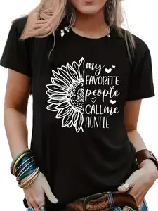 Women's "My Favorite Calls Me Auntie" T-Shirt: Black-White Crew Neck, Light Cotton SS, Machine-Washable, Aunt's Birthday Gift, Breathable