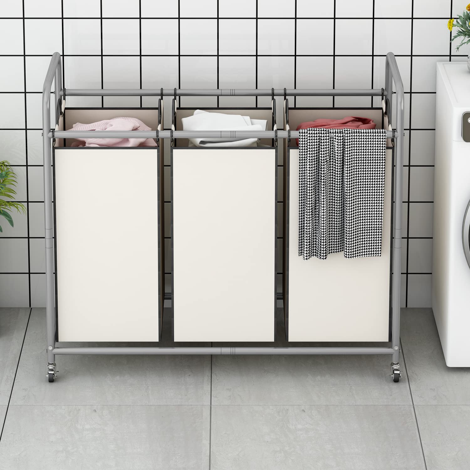 3-Bag Laundry Basket Sorter Laundry Hamper Cart with Heavy Duty Rolling Lockable Wheels and Removable Bags