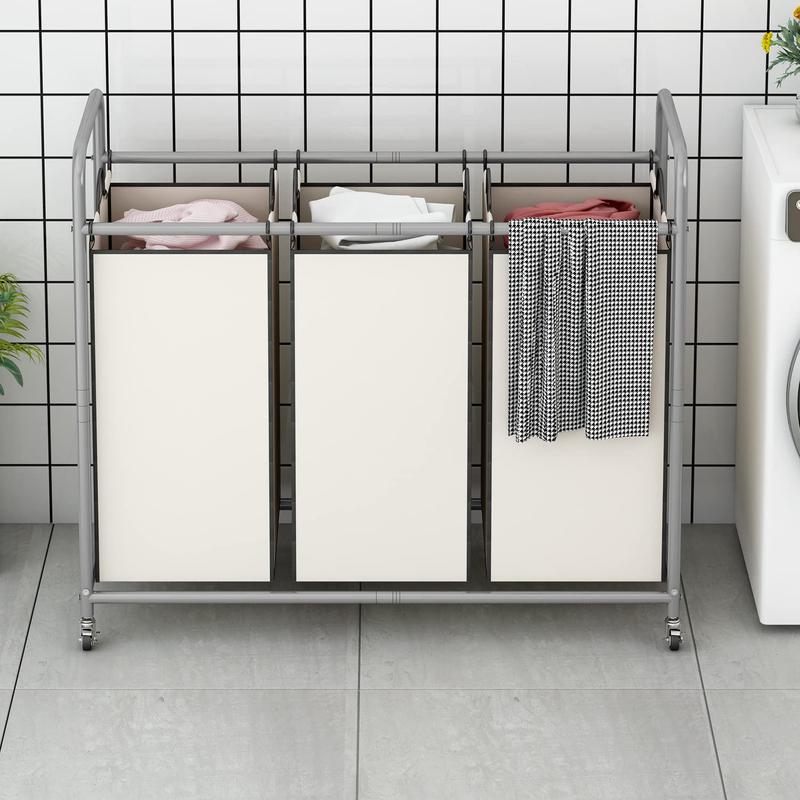 3-Bag Laundry Basket Sorter Laundry Hamper Cart with Heavy Duty Rolling Lockable Wheels and Removable Bags