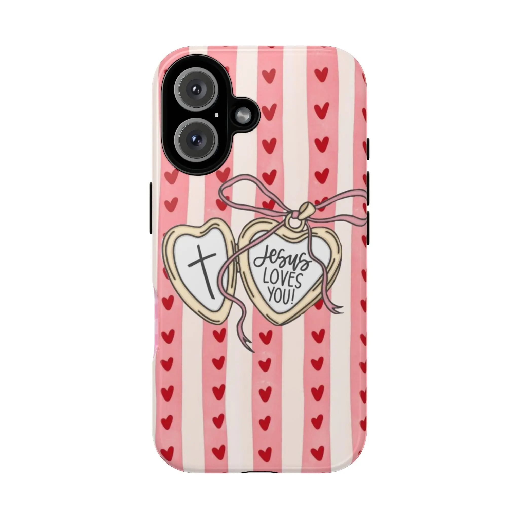 Christian "Jesus Loves You" Heart Phone Case, Cute Pink Striped Cross Design, Aesthetic Protective Cover for iPhone 17, 16, 15, 14, 13, 12, 11, X, and Samsung models, gift for him for her