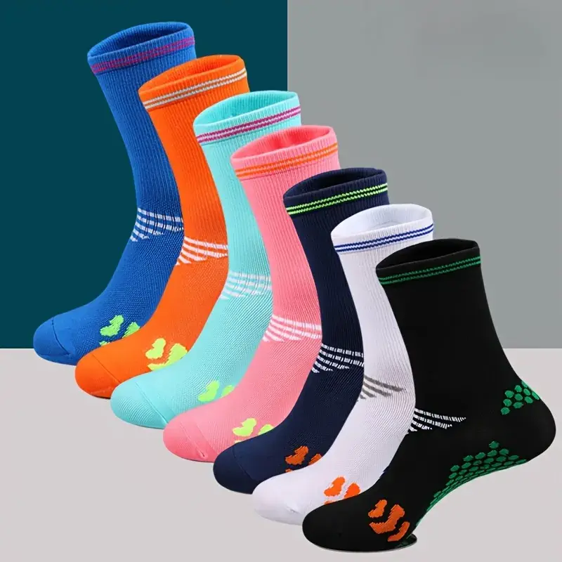 Women's Basic Plain Toe Compression Mid-Calf Crew Socks - 7 Pairs, Polyester Blend Stretch Fabric for Marathon Running, Cycling