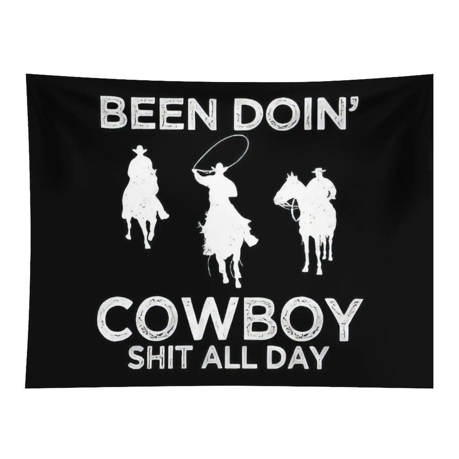 Retro Western Cowboy Riding Horse Silhouette Wall Tapestry Funny Slogan Dark Background Artwork For Country Style Man Cave Room Decor