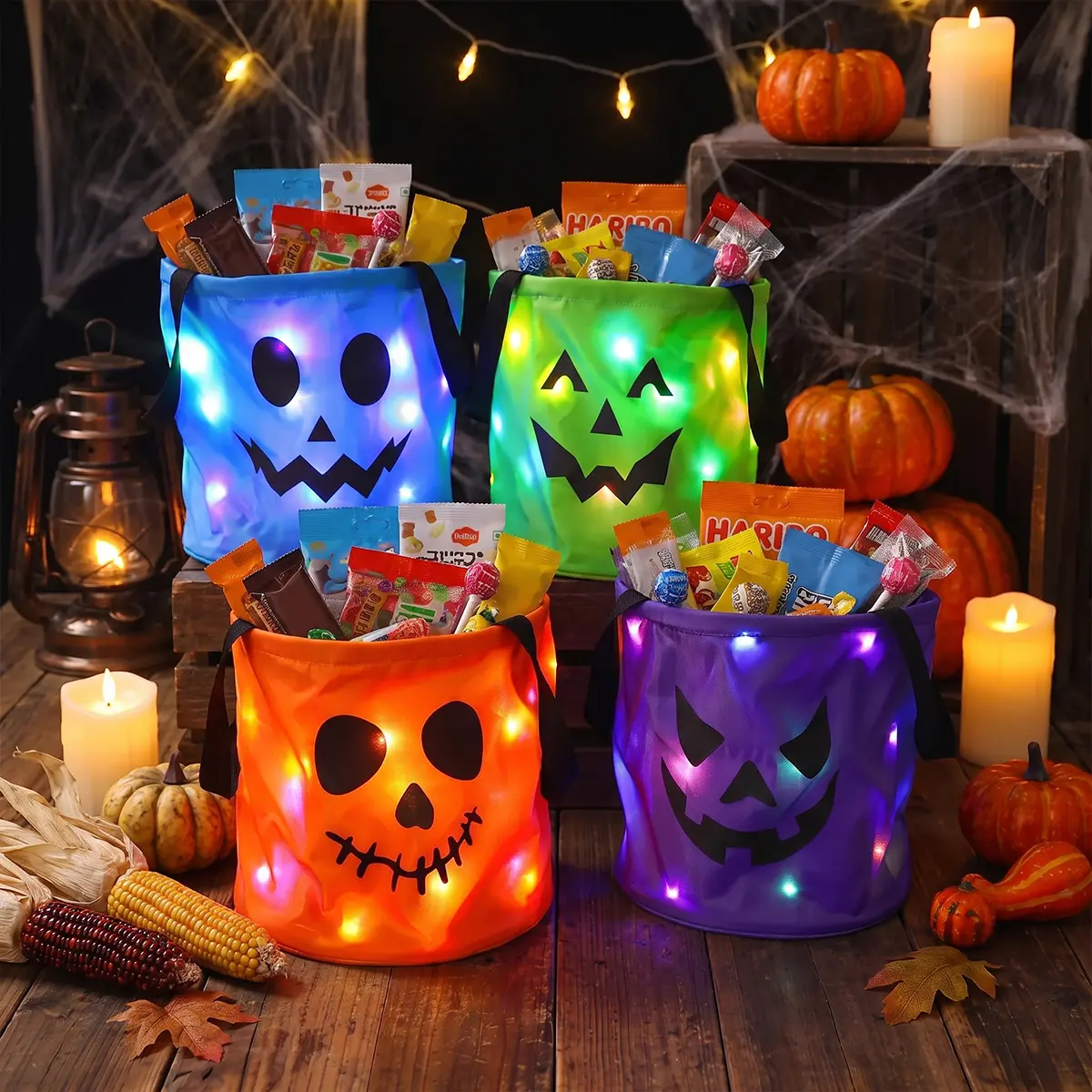 Halloween Candy Bucket LED Light Up Trick or Treat Bags | Halloween Bakset Collapsible Reusable Smile Face Pumpkin Goody Buckets for Trick or Treating Party Supplies Favors