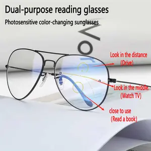 1 Pair of Oversized Full-Rim Fashionable Reading Glasses, Classic Aviator Style, Multifocal Photochromic Lenses 400 Strength