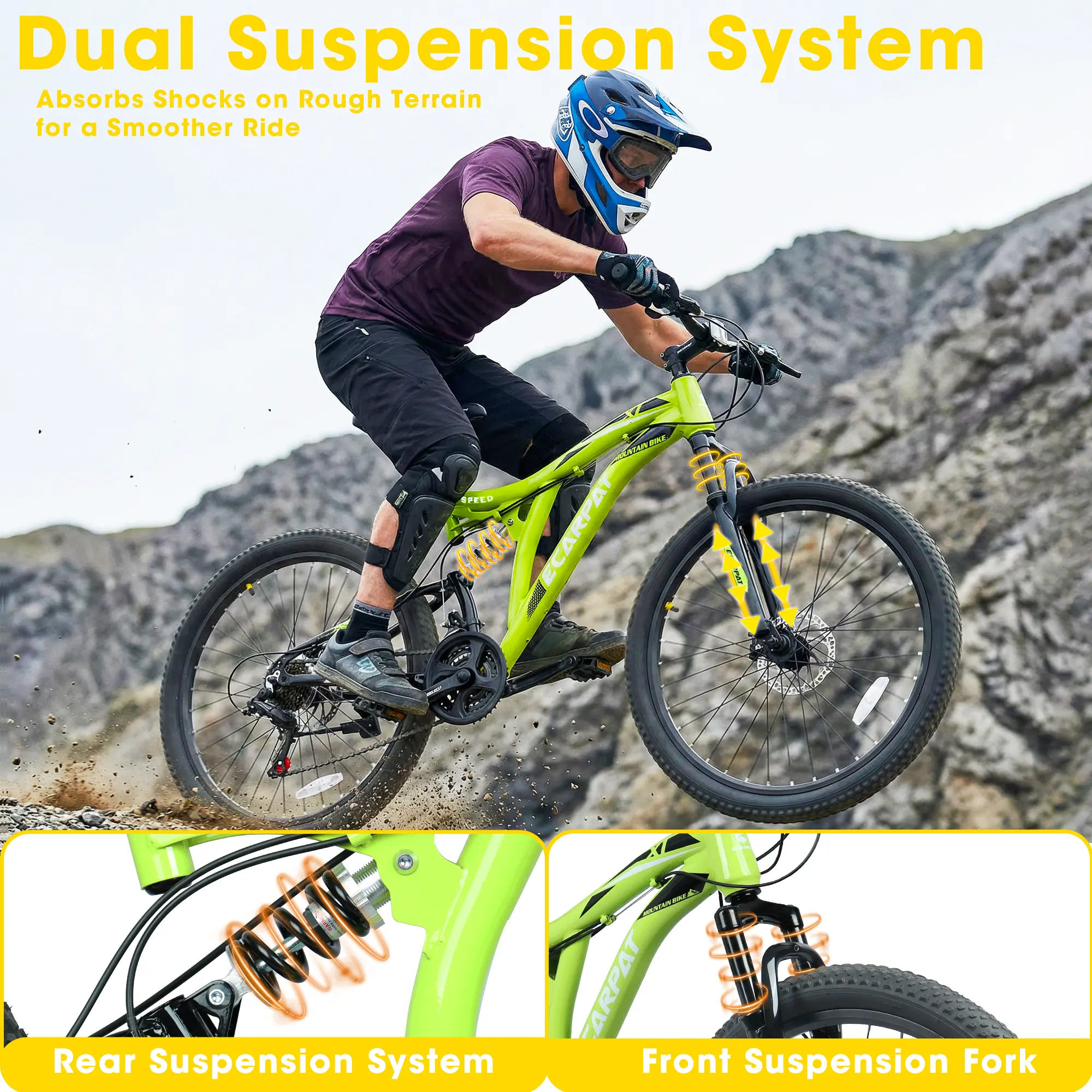 26-Inch Full Suspension Mountain Bike - Hardtail Off-Road Bicycle with Dual Disc Brakes, Shock Absorption for Bumpy Trails, Urban Commutes