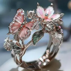 Delicate shiny drop oil butterfly flower Ladies Open pink ring Delicate shiny drop oil butterfly flower Ladies Open pink ring