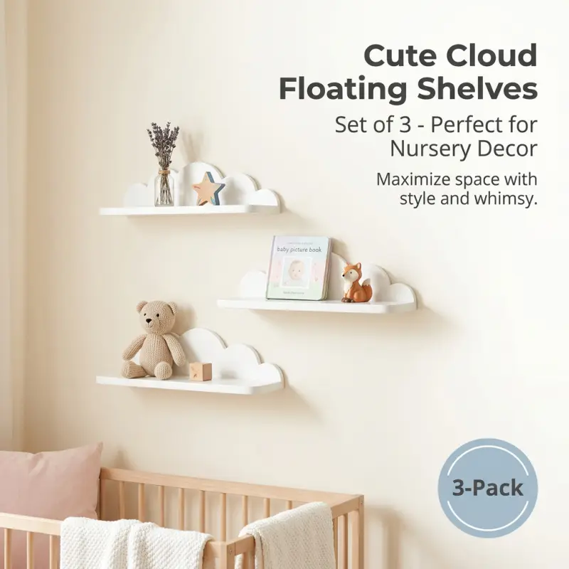 Three-Piece Cute Cloud Floating Shelf, Wall-Mounted Design, Space Saving Design, Fun Cloud Shape, Ideal for Room, Bedroom, Playroom Decor, Decoration Items and Display