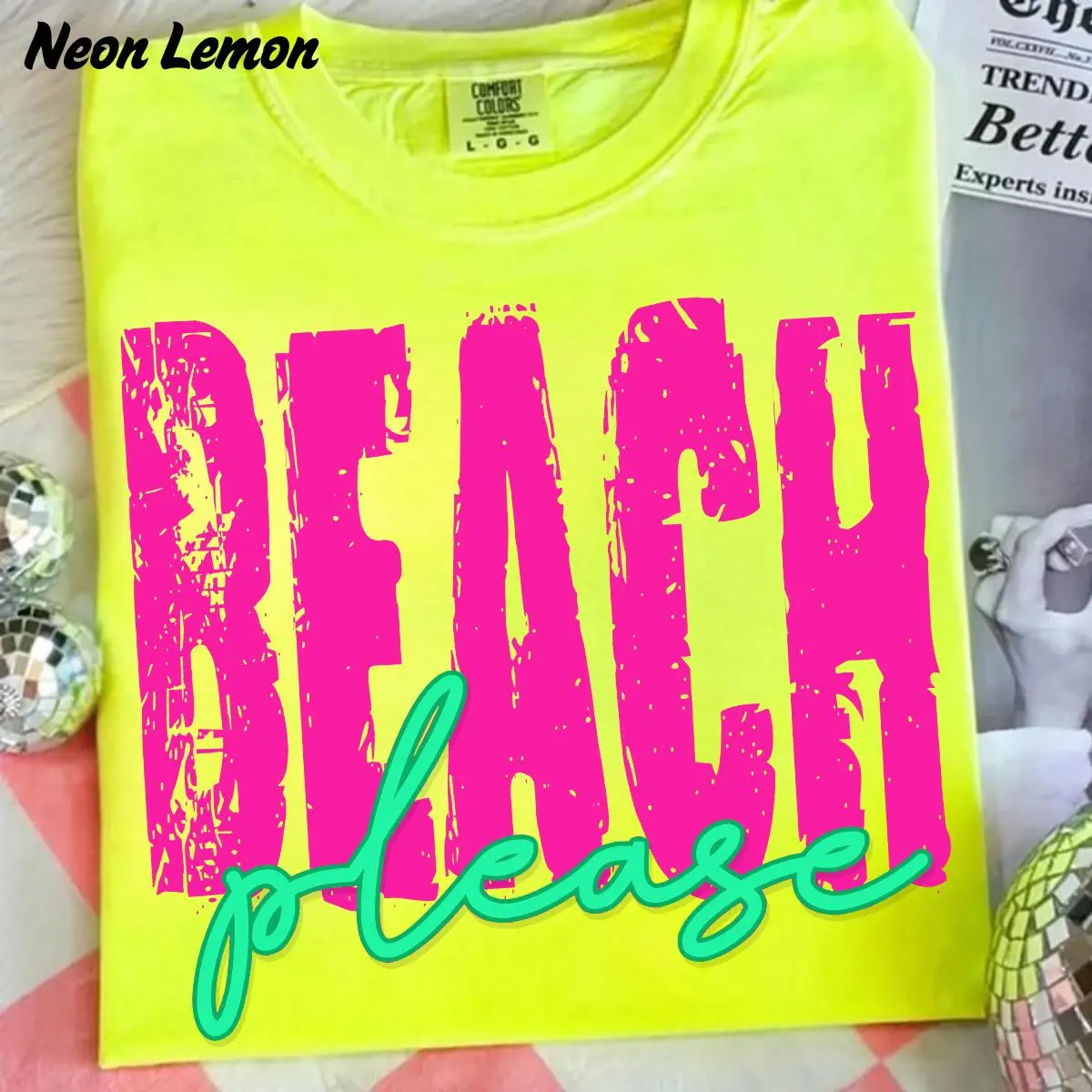 Comfort Colors Beach Please Graphic Tee, Sunshine Smiley Face T-Shirt, Distressed Beach Life T Shirt, Neon Trendy Summer Tee, Lake Pool River Vibes Shirt, Coastal Boat Day Graphic T-Shirt