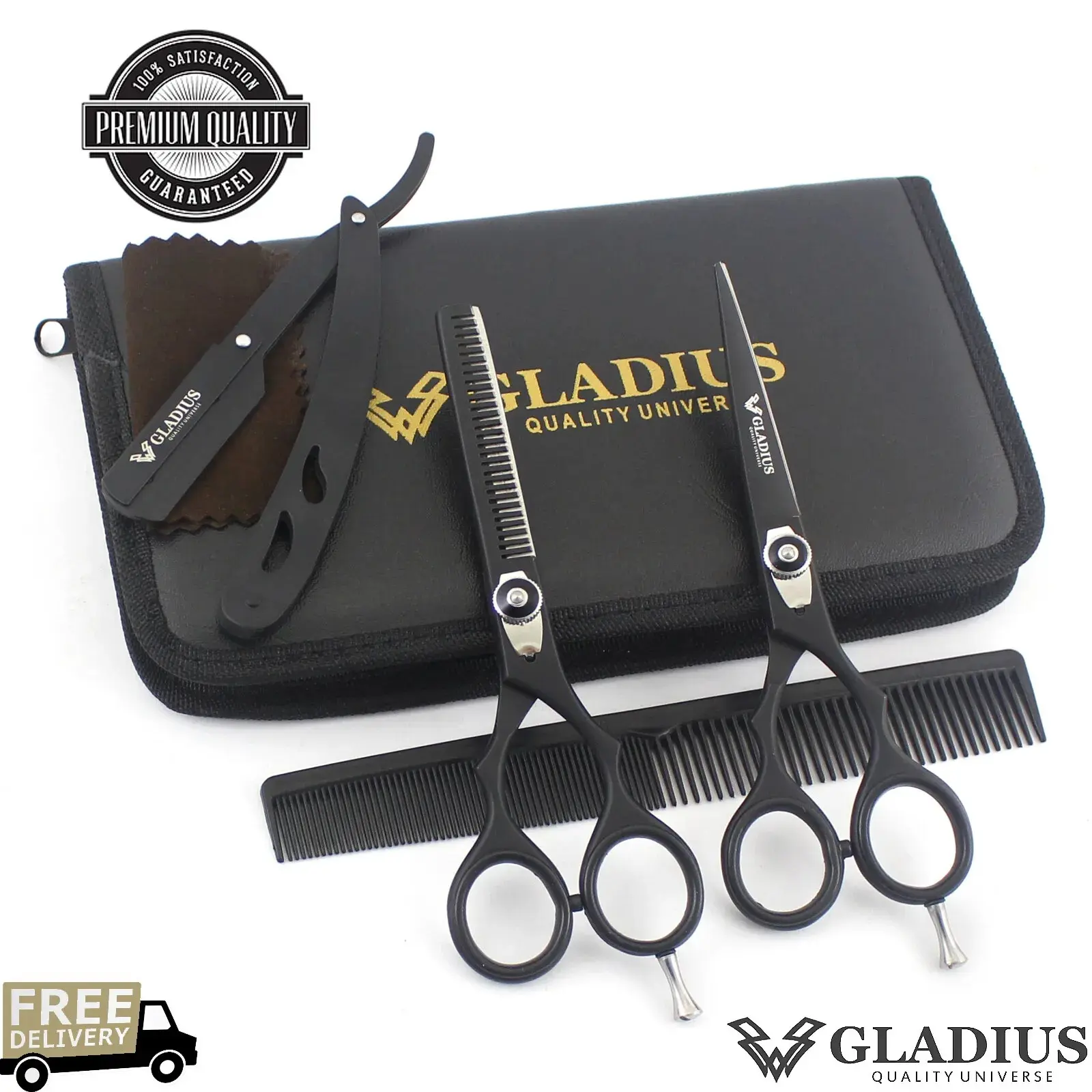 Professional Hair Cutting Thinning Scissors Barber Shears Set - Stainless Steel Hairdressing Tools with Comb, 1 x Black Barber Razor for Hair Styling Adults, Aluminum Free, Heatless Haircare