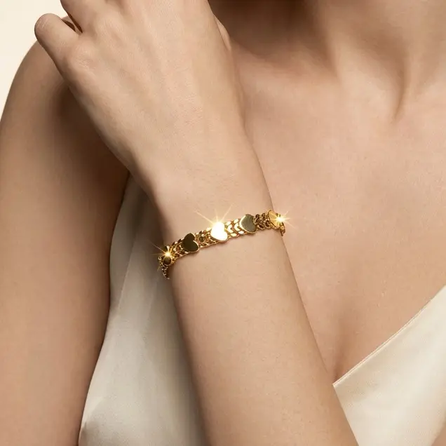 14K Gold Plated Double Row Cuban Link Bracelet for Women, Smooth Polished Heart Charm Chain Bracelet, Chunky Stackable Wrist Jewelry Gift for Birthday Valentine’s Day