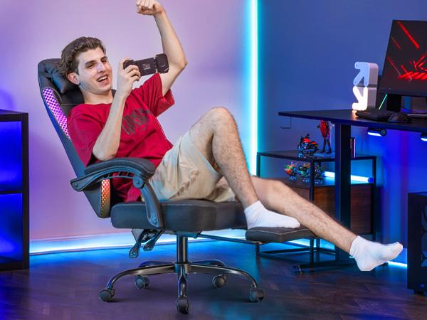 GTPLAYER Gaming Chair with Footrest, Recliner Chair with Led Lights, Headrest & Lumbar Support, Linkage Armrest,Ergonomic Gaming Chair, High Back Office Home, Black