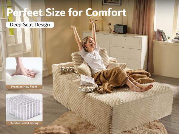 【2 Packages Shipping】Ovios 49" W Boneless Chaise Lounge and 59" W Oversized Round Sofa Bed - Sectional Sofa Set with Flexible Configuration, Plush Corduroy Fabric,No Assembly Required, 5 Pillows included