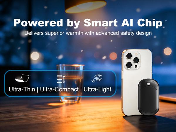 Fussion AI 2-pack rechargeable hand warmers, includes a greeting card, 6400mAh battery, 3 temperature settings, rapid heating, portable design, 10-hour battery life, suitable for outdoor activities such as skiing, hunting, golf, and camping.