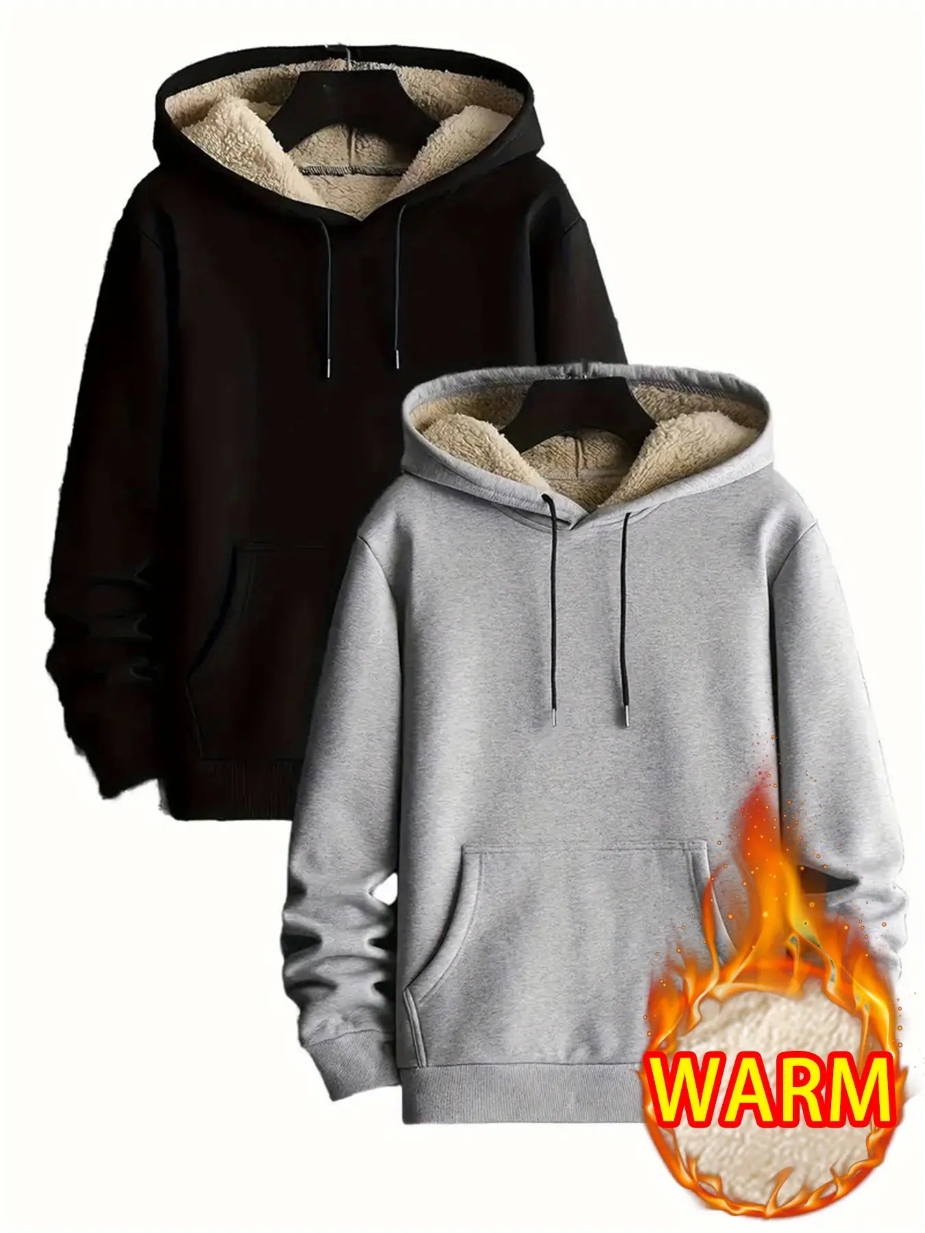 Two piece unisex casual hoodie with adjustable drawstring hem and ribbed cuffs, solid color fleece interior with kangaroo pocket design suitable for autumn and winter men's clothing, 100% polyester men's sweatshirt top