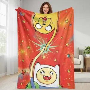 Adventure Time Style Flannel Blanket Cartoon Space Friendship Theme Vibrant Colors Soft Warm Cozy for Bedroom Sofa Office Travel Gift