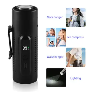 Portable fan with cooling function. 20000RPM brushless motor, 5000mAh ultra-long battery life, LED light, 5 wind speed settings. Can be clipped to a belt, neck, or desktop. Suitable for indoor and outdoor construction sites, camping trips, etc.