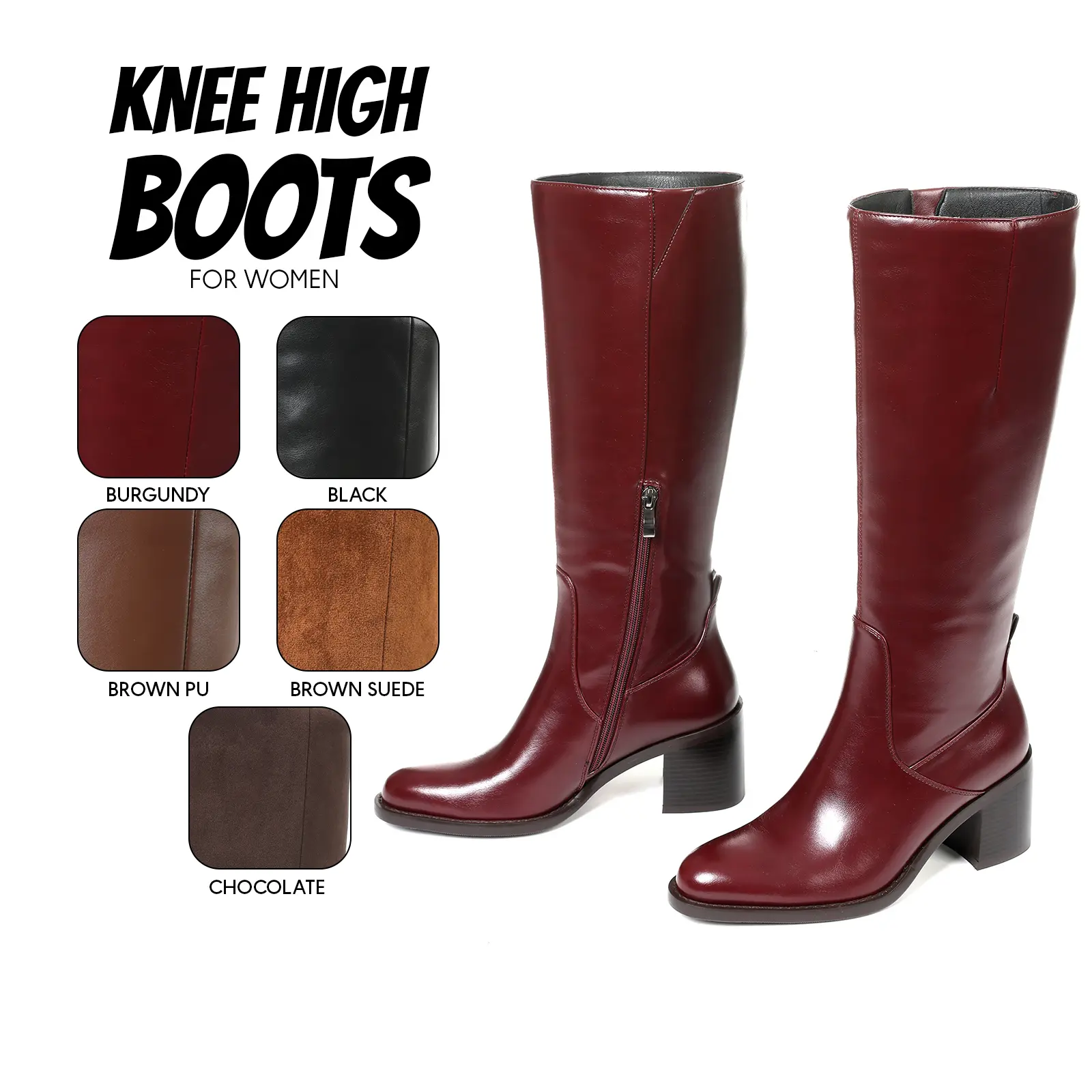 Knee High Boots For Women Round Toe Chunky Block Heel Side Zipper Comfy Tall Wide Calf Pull On Fashion Boots Fall Fashion Fall Boots Spring Summer Party Concert Outdoor Work Casual Shoes Fall Boots