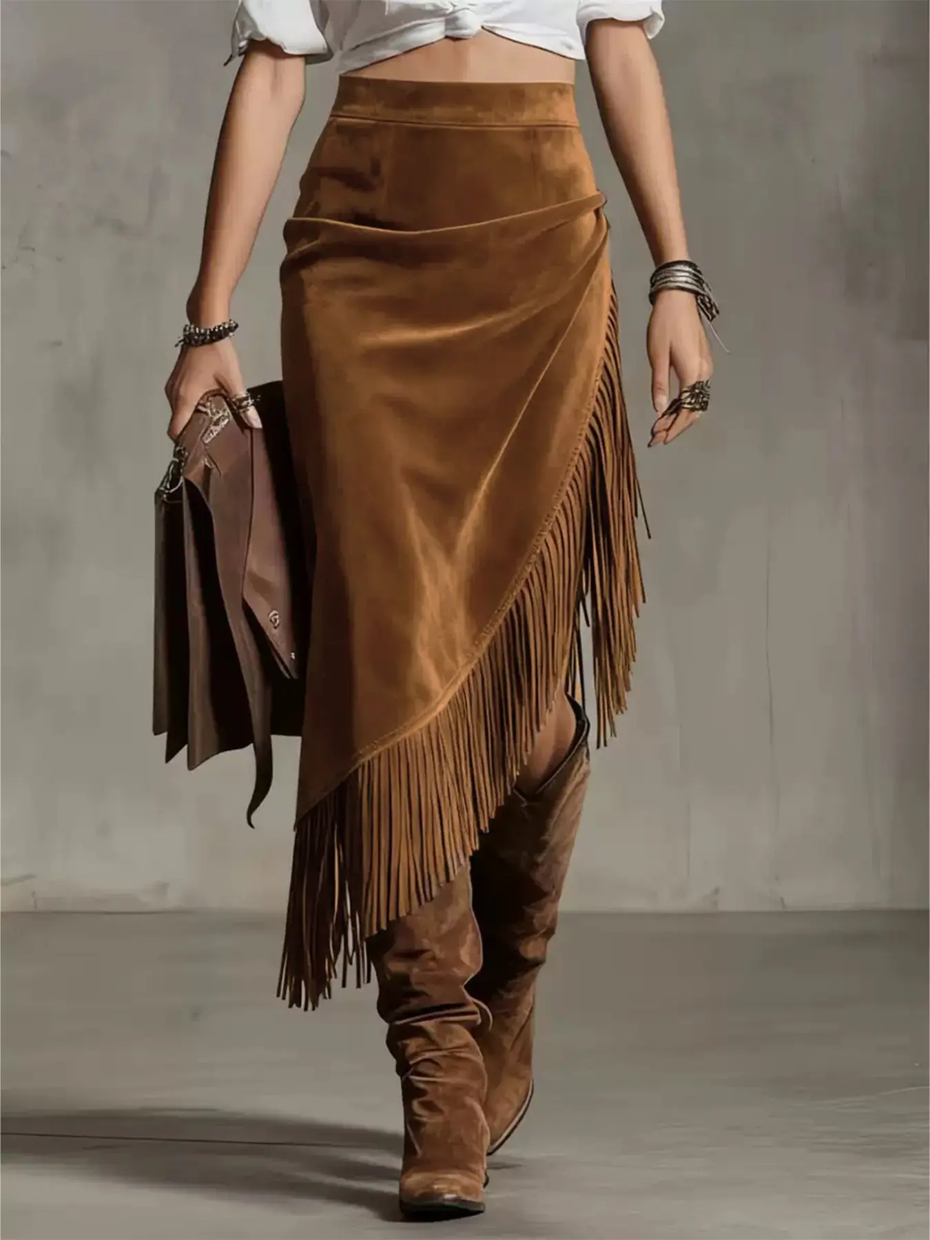 Women's Western Style Irregular Design Fringe Skirt, Loose Skirt, Boho Western Skirt, Boho Hippie Skirt, Pure Color Half-Sleeve Dress, Casual Fashion Clothing for Women, Womenswear
