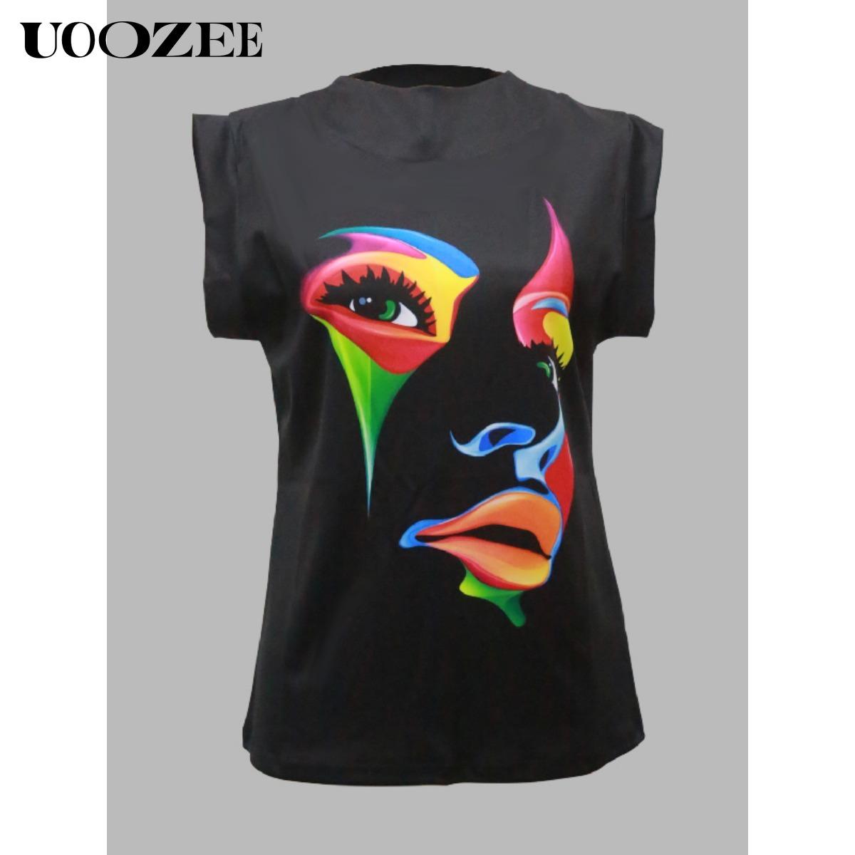 Women's summer comfortable casual cap sleeve loose 3D human face print high collar T-shirt top, daily leisure, comfortable and breathable cute shirt Womenswear Tshirt