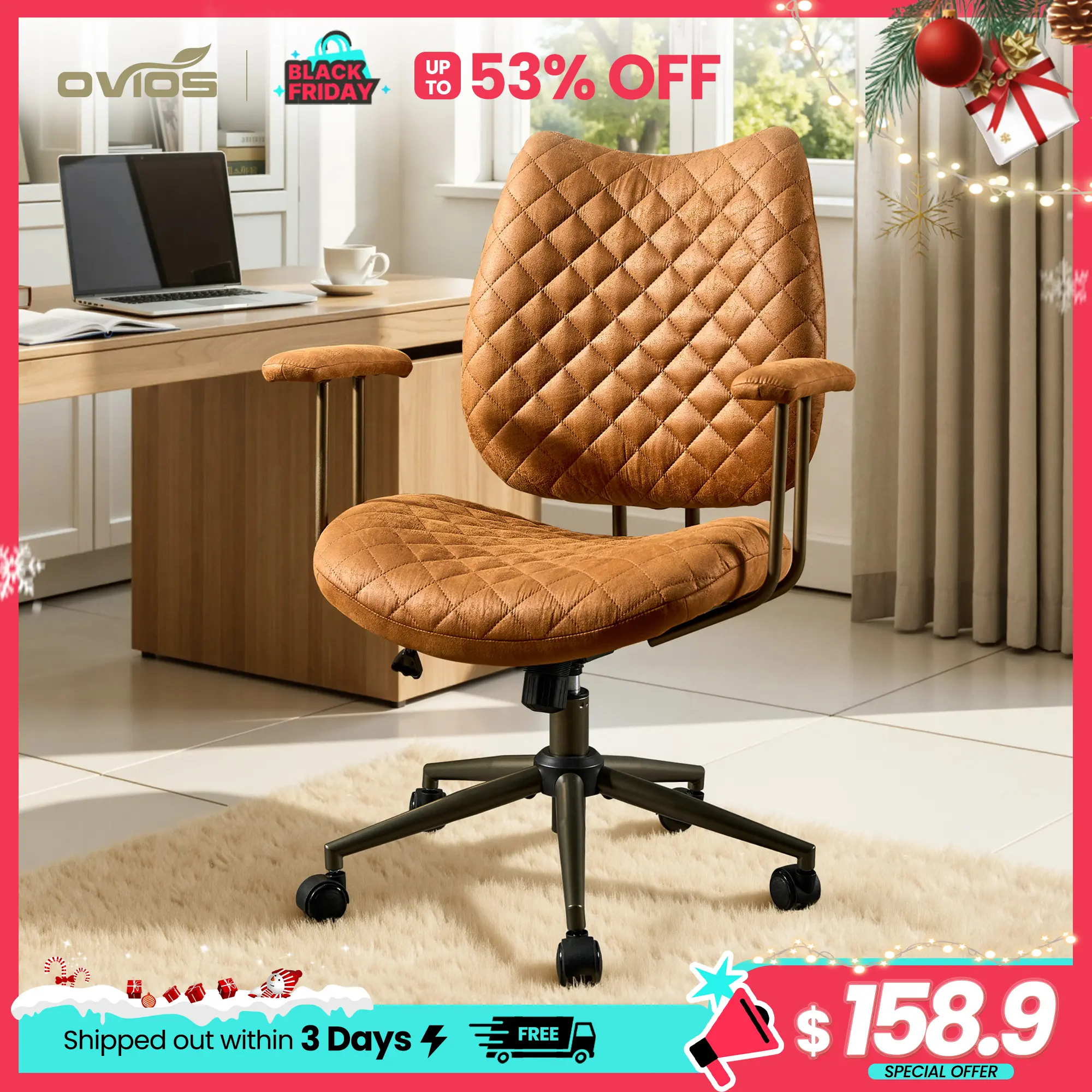 【Summerfinds】Ovios Home Office Desk Chair with Durable Silent Casters, Wide Seater Computer Chair with Lumbar Support Adjustable Height, 360° Rolling Swivel Rocking Executive Task Armrests Chair