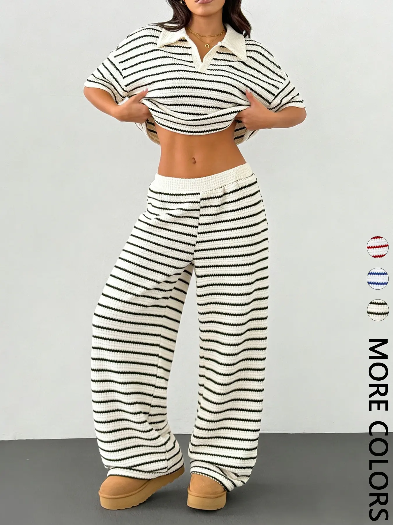 2-Piece Women's Spring Summer Striped Waffle Knit Set, Polo Crop Top & Loose Wide-Leg Pants, Casual Loungewear