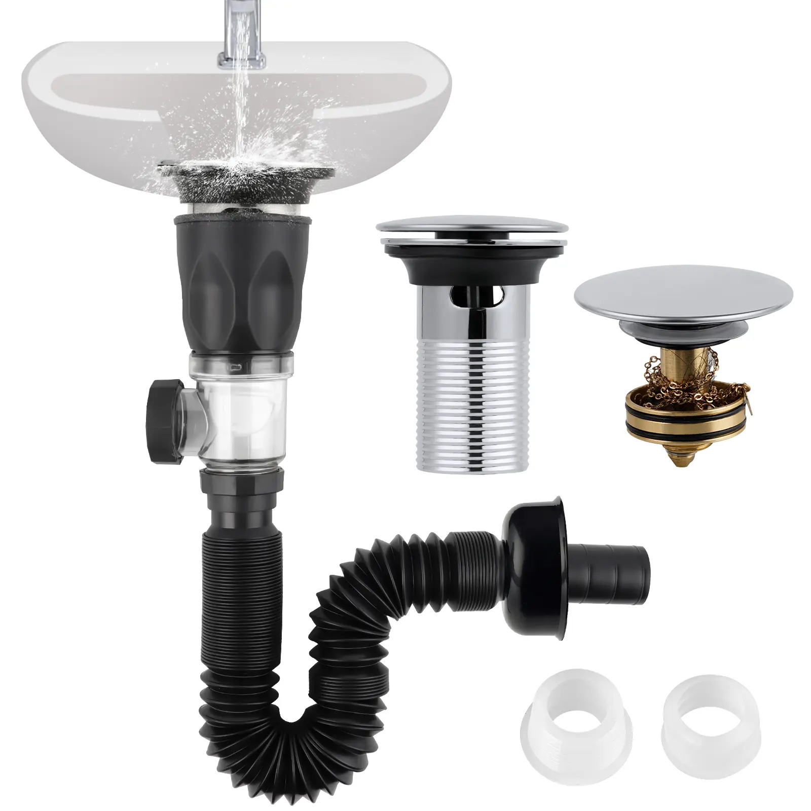 Hibbent Adjustable Bathroom Fixtures Drain Kit - 6.7"-37" Stainless Steel Flexible P-Trap Pipe, Pop-Up Stopper, Brass Bounce Core, Chrome Cover Cap, 2 Adapters (1-1/4in,1-1/2in,2in Holes), Hair Blocker, Thick Gaskets Stop Leaks, Easy DIY Fixes, Easy For D
