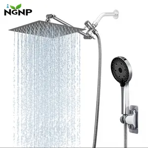 NGNP Shower Head,10 Inch High Pressure Rain Shower Head with Handheld Spray Combo, Adjustable Dual Rainfall Shower Head - Showerhead Comb Set with Extension Arm - 60 Inch Long Shower Hose