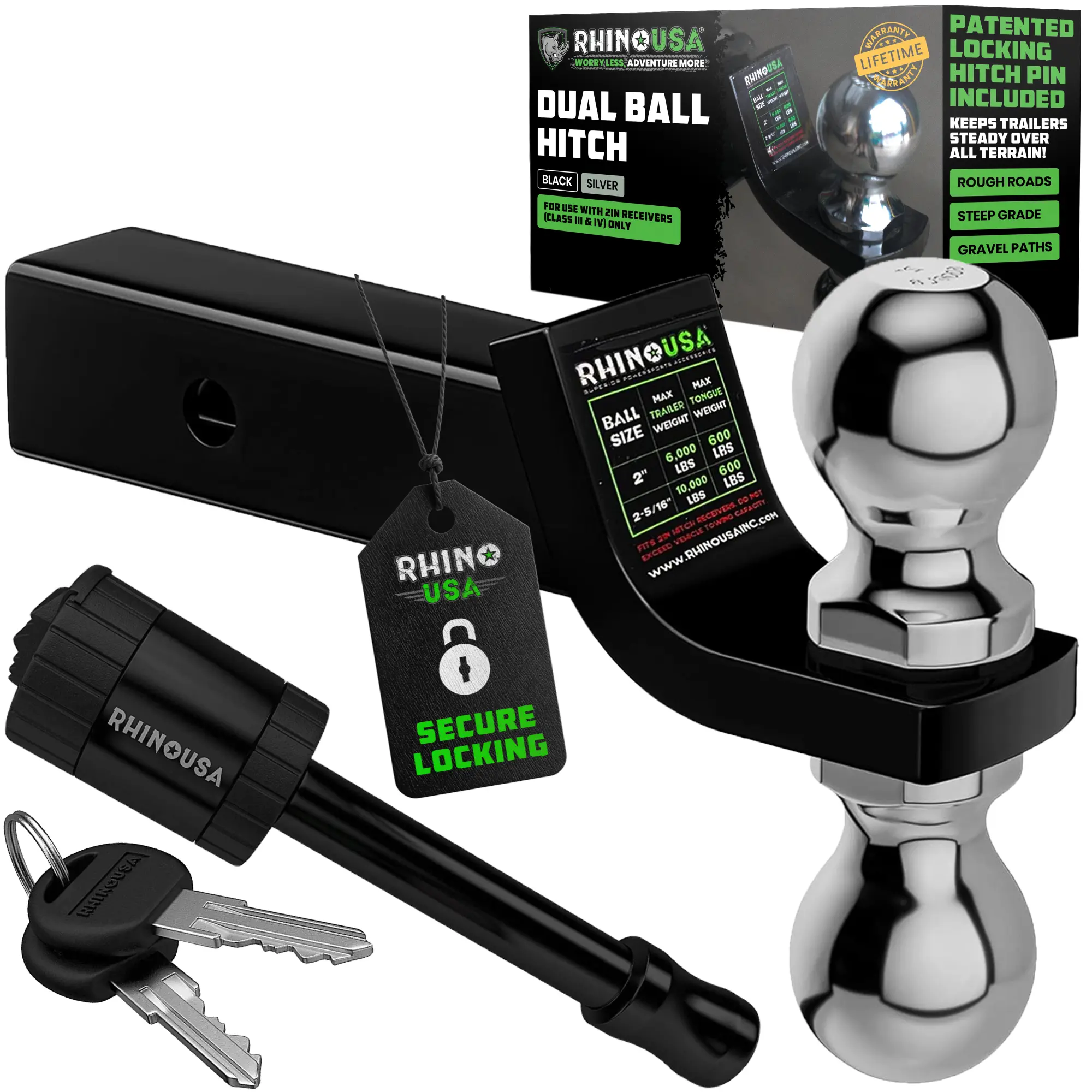 Rhino USA Dual Ball Hitch, Heavy Duty Reversible Tow Hitch Fit 2" Receiver, 2" & 2 5/16" Trailer (10,000 LB GTW) With Weatherproof Anti-Theft Lock Pin