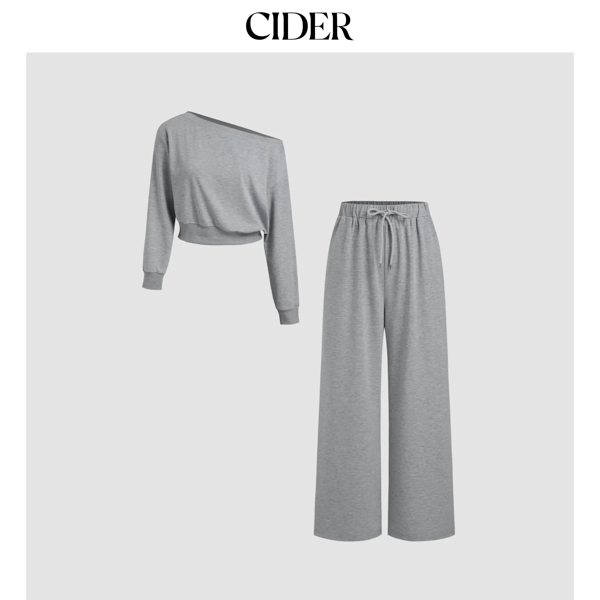 Cider Women's Casual 2-Piece Terry Clothes Set - Asymmetrical Neck Longsleeves Crop Top & Mid Waist Elastic Waist Knotted Wide Leg Trousers (Size 0-26, Plus Size), Lady, Basic, Long Sleeve, Solid, Wide-Leg Pants