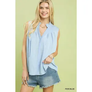 Umgee Sleeveless Textured Split Neck Top