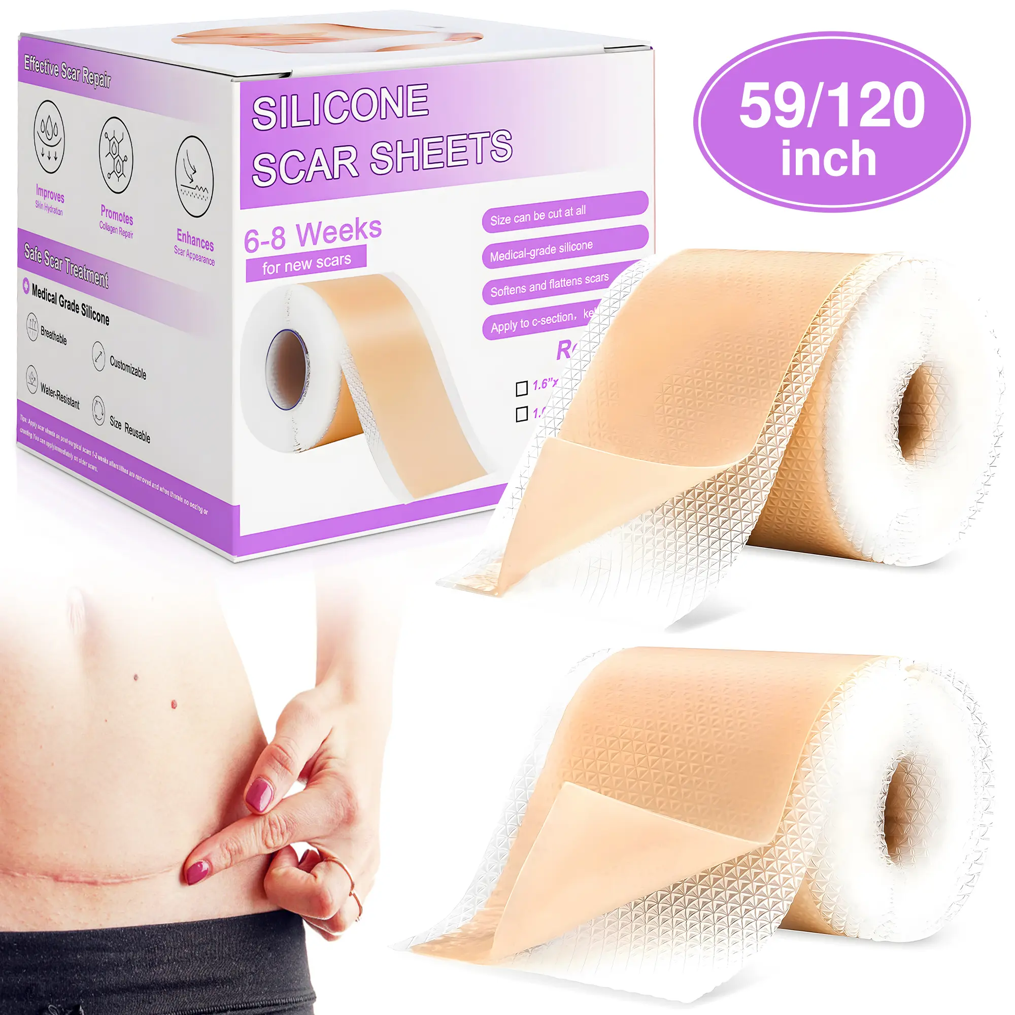 Medical-Grade Reusable Silicone Scar Sheets, Therapeutic Patches for Keloid & C-Section Reduction, 1.5M Tissue Tape for Face & Surgical Marks