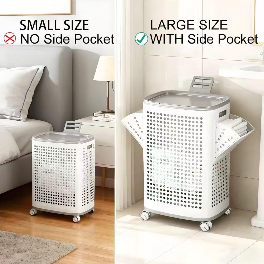 UFORU Rolling Laundry Hamper with Lid, 22.5/18.7 Gallon,85/71L Perforated Plastic Basket with Wheels, Storage Bin with Handle,Outdoor, suitable for kitchen, laundry and storage purposes, easy to move around