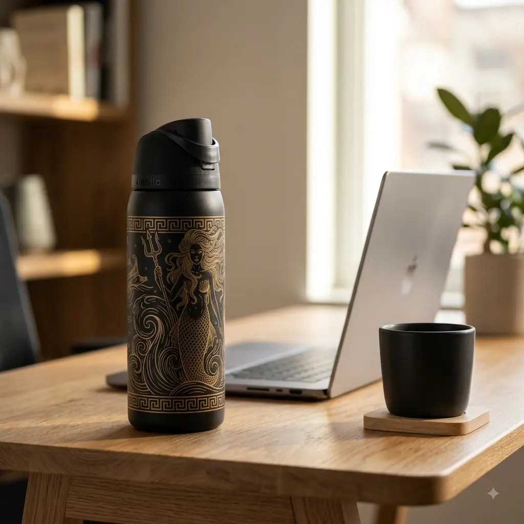 Owala The Odyssey Black Water Bottle with Gold Dragon Design and Greek Key Pattern