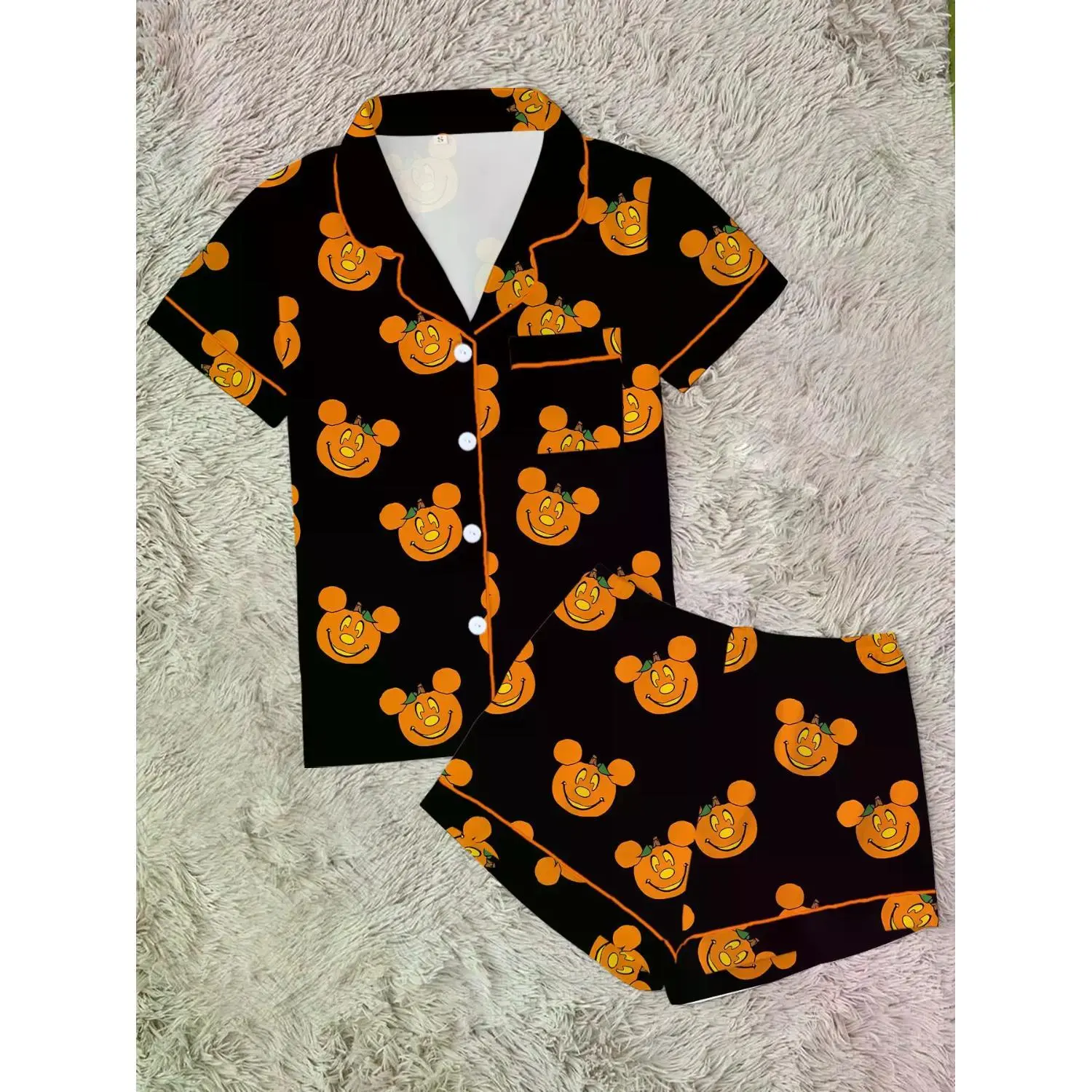 Halloween Women's Cartoon Print Pajama Set, Cute and Funny Sleepwear, 2-Piece Short Sleeve Loungewear, Fitted, Above Knee, All Seasons Gift