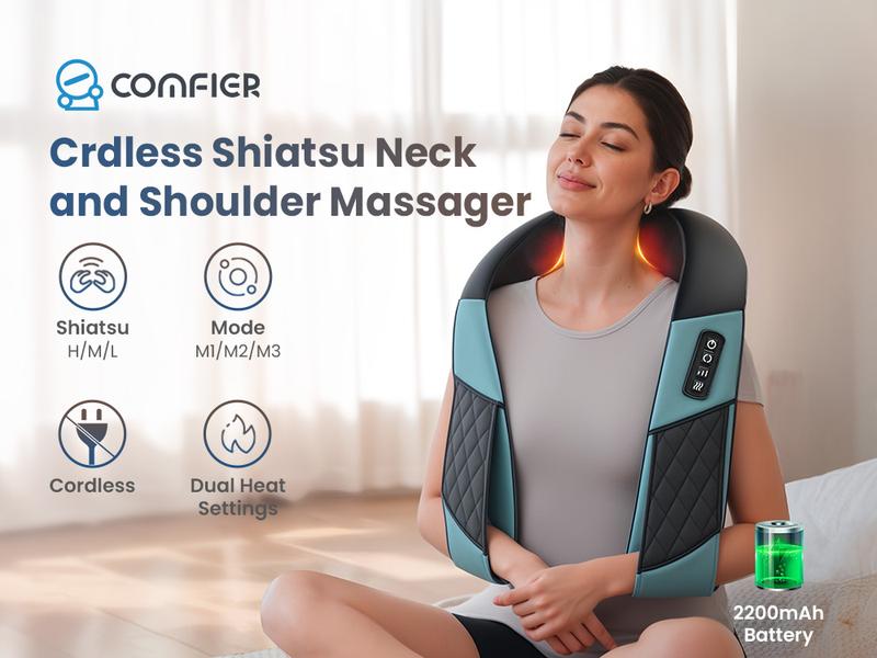 Comfier Cordless 4D Neck & Shoulder Massager with Heat, Wireless Deep Tissue Back Massager for Pain Relief, Hands-Free Massage Pillow Shiatsu, Gift for Women Men Mom Dad Therapy Adjustable Durable Handy Plug Storage Cf-6302U