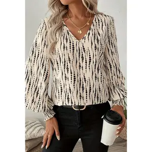 Abstract Puff Sleeve Top - Polyester Print Top with V-Neckline, Elastic Fit, Comfortable Design for Women
