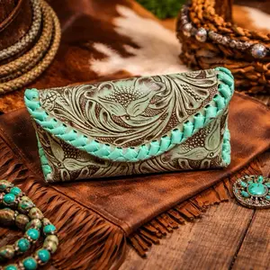 Teal Sun glasses tooled leather case by America. Darling