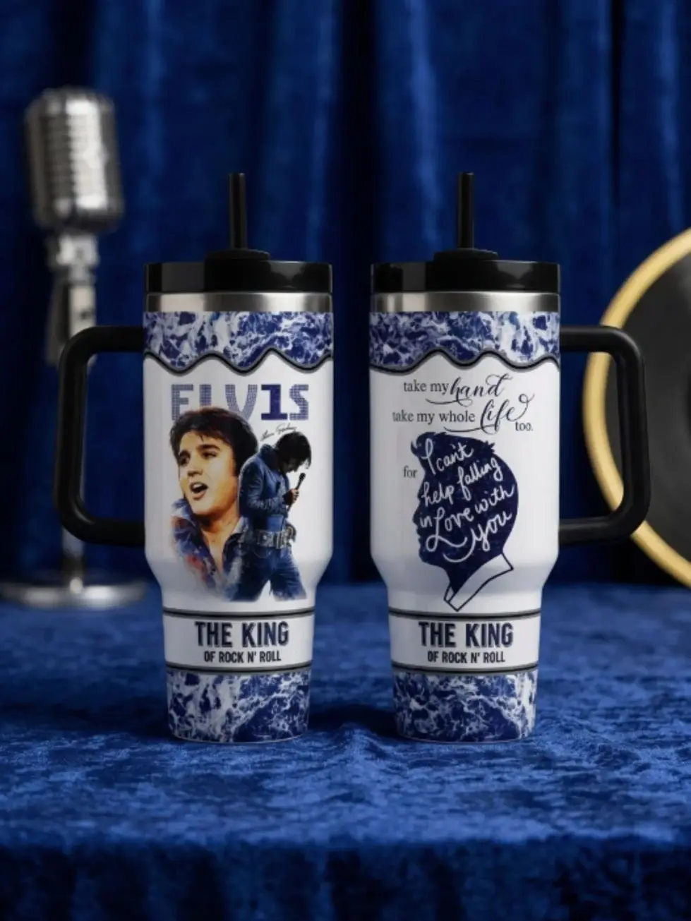 Elvis Presley King of Rock 40oz 30oz 20oz Tumbler with Handle & Straw, Insulated Stainless Steel Travel Cup, Patriotic Eagle Graphic, Double Wall Vacuum Mug, Rock Music Fan Gift