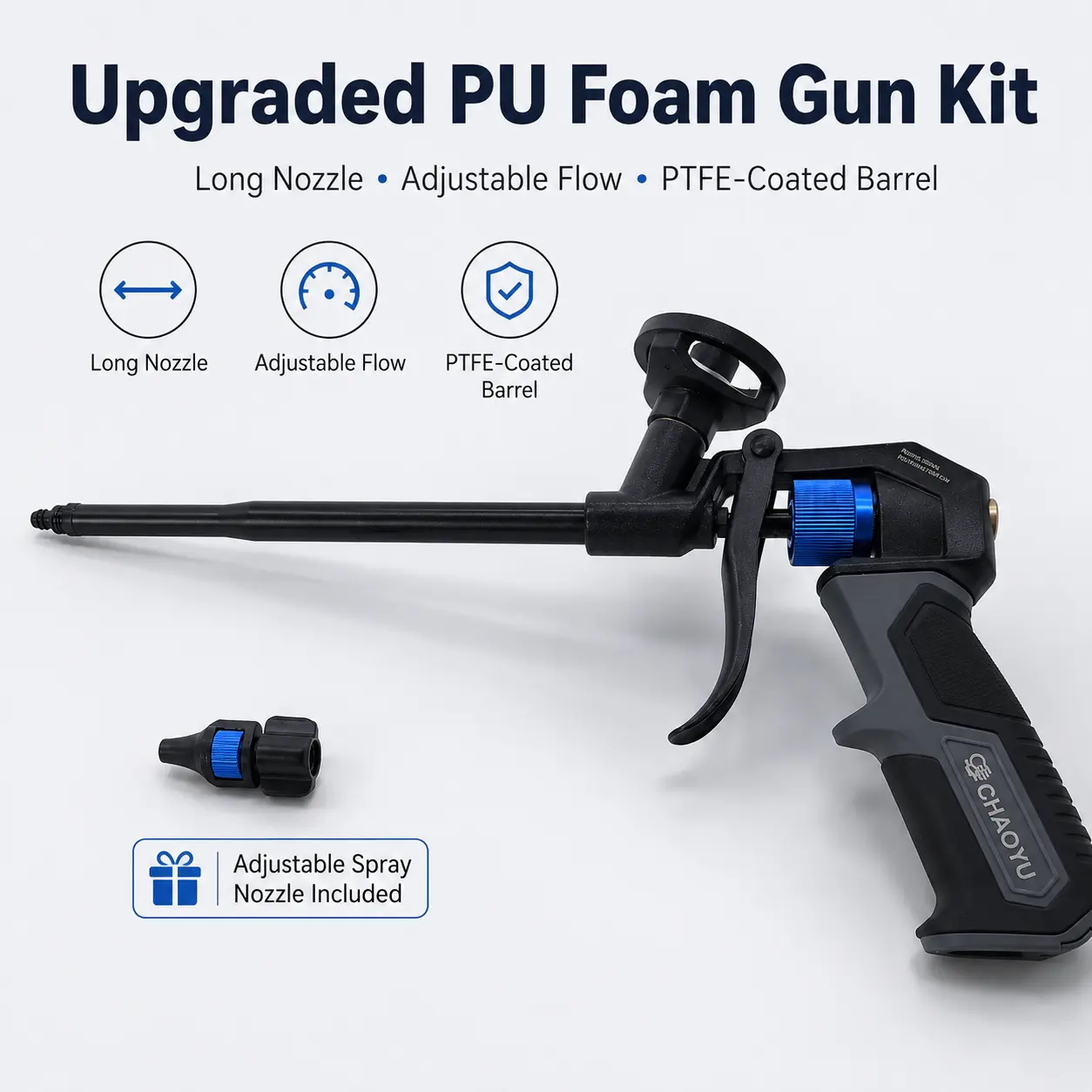 Durable Aluminum Alloy PU Foam Spray Gun Kit - PTFE-Coated Barrel, Brass Components, Adjustable Flow Control, Long Reach Nozzle & Tube, Nozzle Included, Reduces Gun-Side Residue, Manual Applicator for Insulation, Gap Filling, Threaded Cans