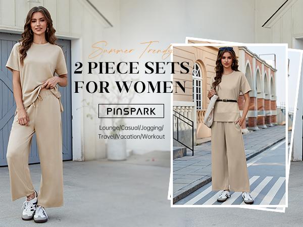 PINSPARK 2 Piece Sets for Women Soft Short Sleeve Matching Lounge Set Wide Leg Pants Tracksuit Travel Summe Travel Kitr Outfits 2025 PINSPARK 2 Piece Sets for Women Soft Short Sleeve Matching Lounge Set Wide Leg Pants Tracksuit Travel Summe Travel Kitr Outfits 2025
